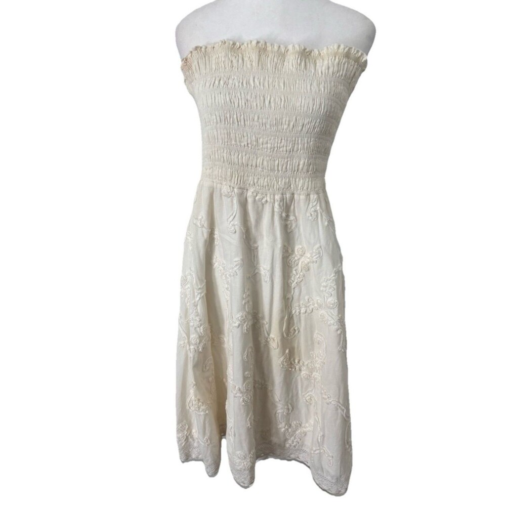 Lyndia Procanik Ivory Dress Strapless Smocked Embellished Sz 10 Boho Lined